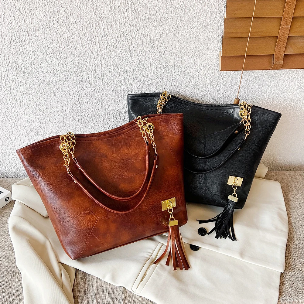 

Fashion Pure Color PU Leather Shoulder Shopping Bag Casual Ladies Chain Women's Bag Tassel Large Capacity Tote Handbags Hot Sale