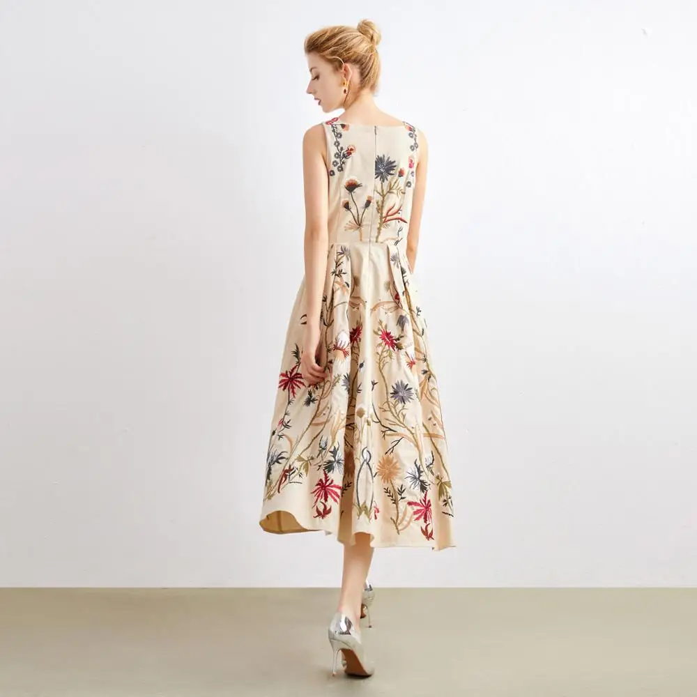 

women's runway 2021 new summer Crew neck sleeveless embroidered dress Cotton hemp elegant Fashion fit A-line ladies Slim dresses