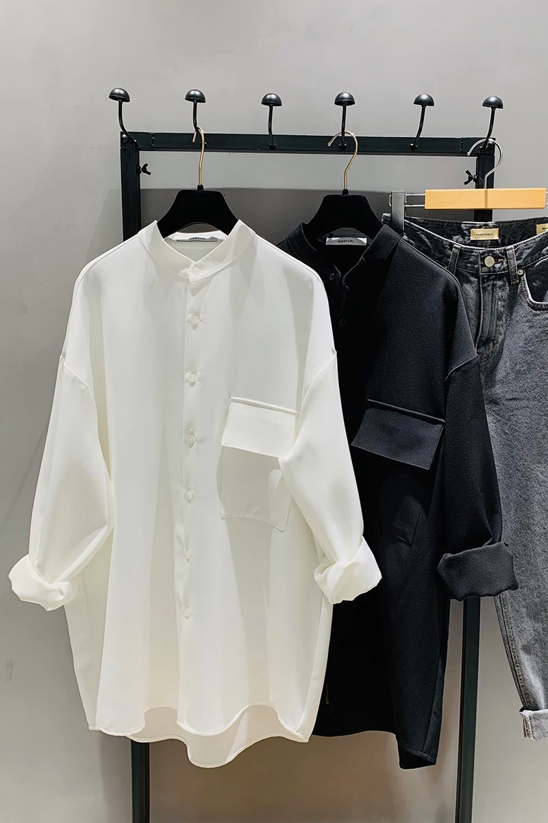 

Autumn Korean Loose Lazy Boyfriend Wind Ins Long White Shirt Stand Collar Ladies Long Sleeve Simple Chiffon Blouse Oversized