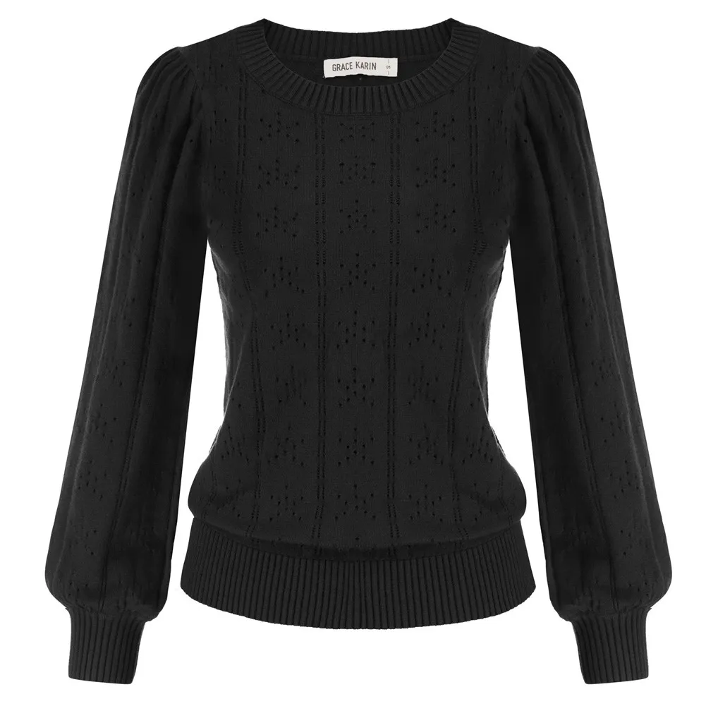 

GK Women Hollowed-Out Sweater Puffed Long Sleeve Crew Neck Knitwear Long Sleeve Round Neck Hollow Texture Pullover Sweater