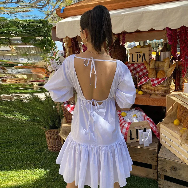 

Summer Women Dress Elegant Round-Neck Mini Dress Sexy Backless Puff Sleeve Sweet Casual Daily Outfit Loose White Dress