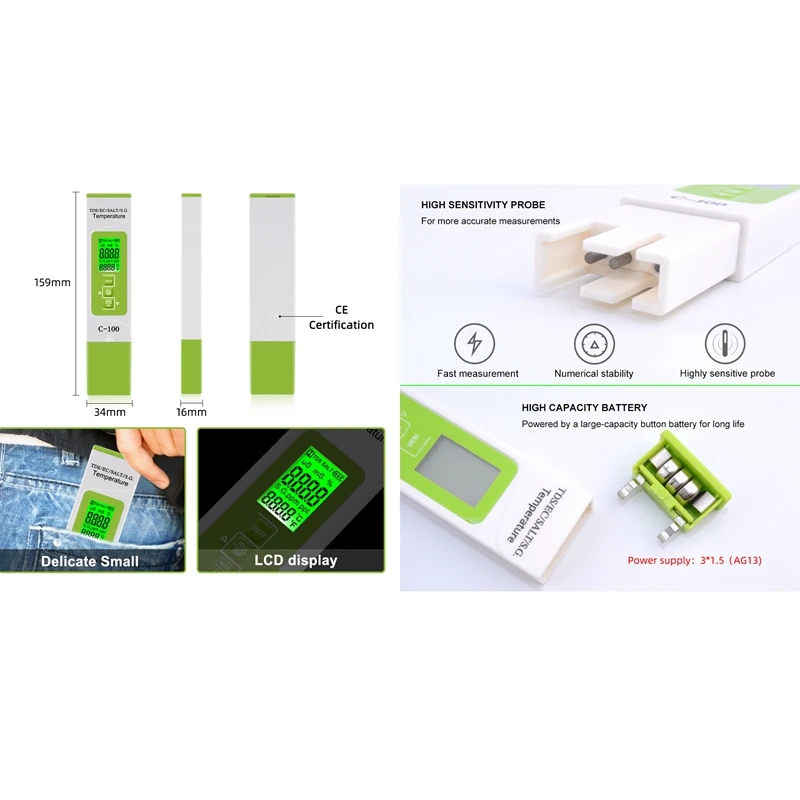 4 в 1 Цифровой тестер воды PH/TDS/EC/соленость/тестер температуры Ручка