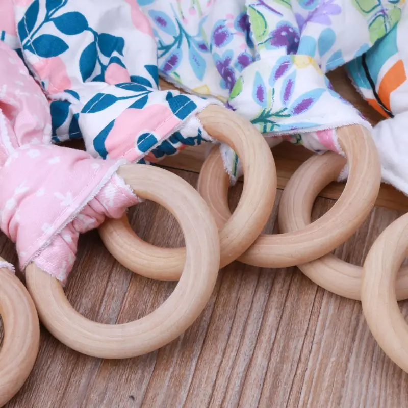 

Baby Boy Girl Bunny Ear Teether Safe Organic Wood Teething Ring Toys Various Color Choice Shower Gift