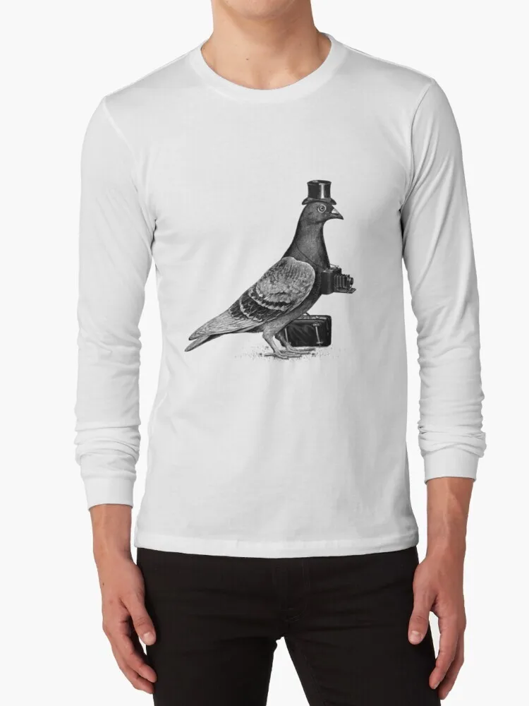 Туристическая футболка из 100% хлопка зимняя Милая шляпа фотограф голубь чемодан