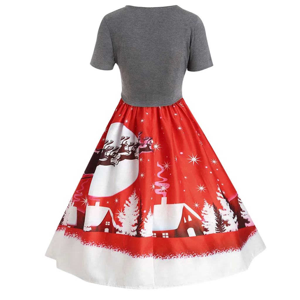 Autumn Elegant high waist dresses Christmas Printed Dress For Women Vintage Short Sleeve Bow Knot A-Line Swing Dress Suit