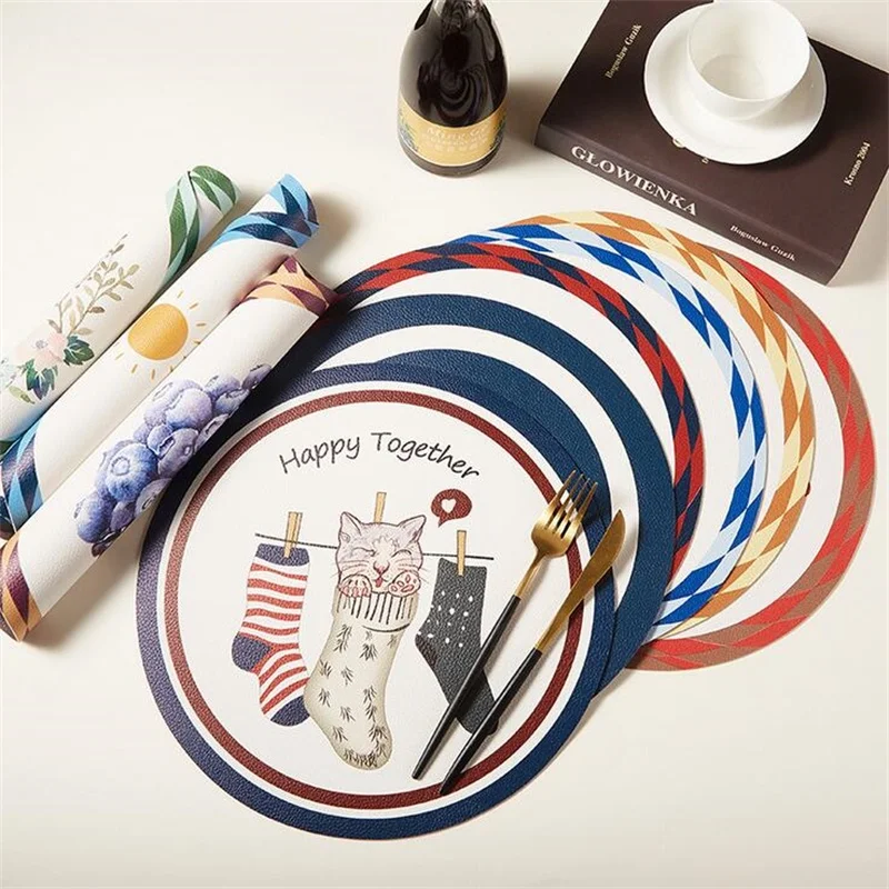 

4pcs Set Placemat Leather Round American Retro Table Mat Non-slip Hotel Home Decoration Heat Pad Coaster