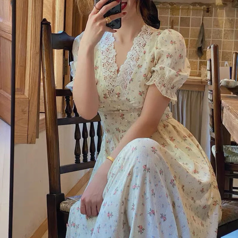 Женское шифоновое платье с пышными рукавами винтажное длинное кружевное средней