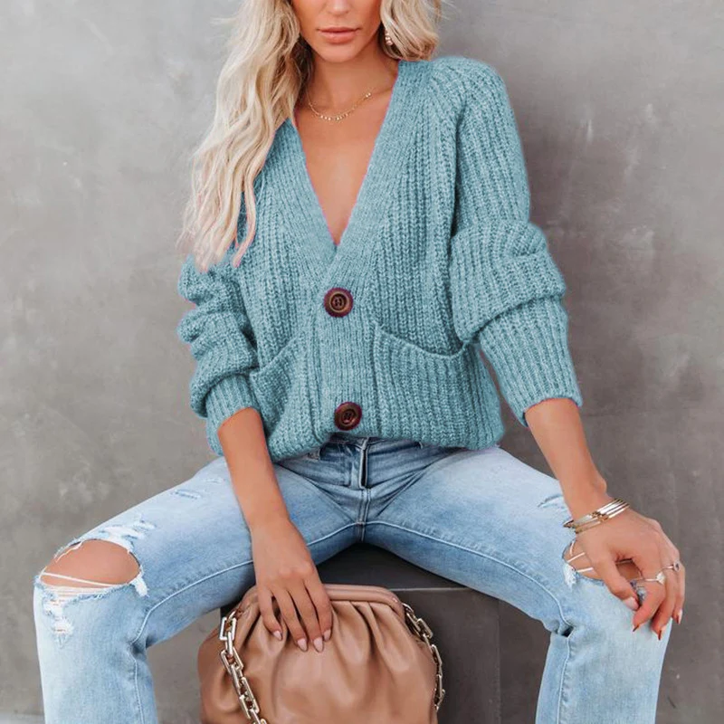 

Elegant V-Neck Knit Cardigan Coats Autumn Winter Long Sleeve Solid Casual Outerwear Women Fashion Single Breasted Jumper Jackets