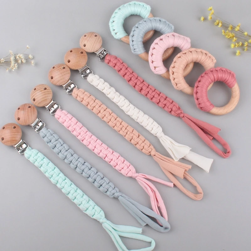 

2 Pcs Baby Braided Pacifier Chain Clip Wooden Ring Teether Set Infant Nipple Dummy Holder Soother Molar Teething Toys Gifts