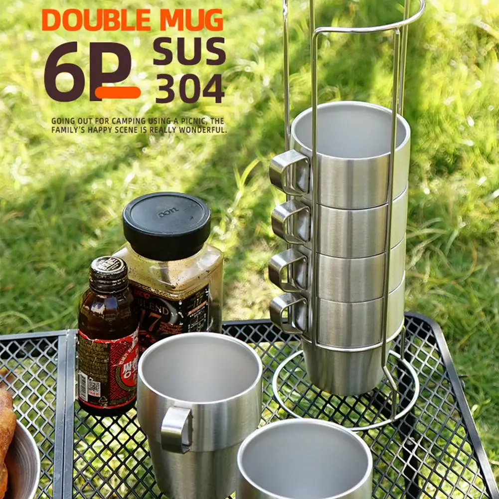 

6pcs/set 300ml Insulated Picnic Travel Cups Camping Stainless Steel Cup Double-layer Wine Beer Cup Whiskey Mug Outdoor Tableware