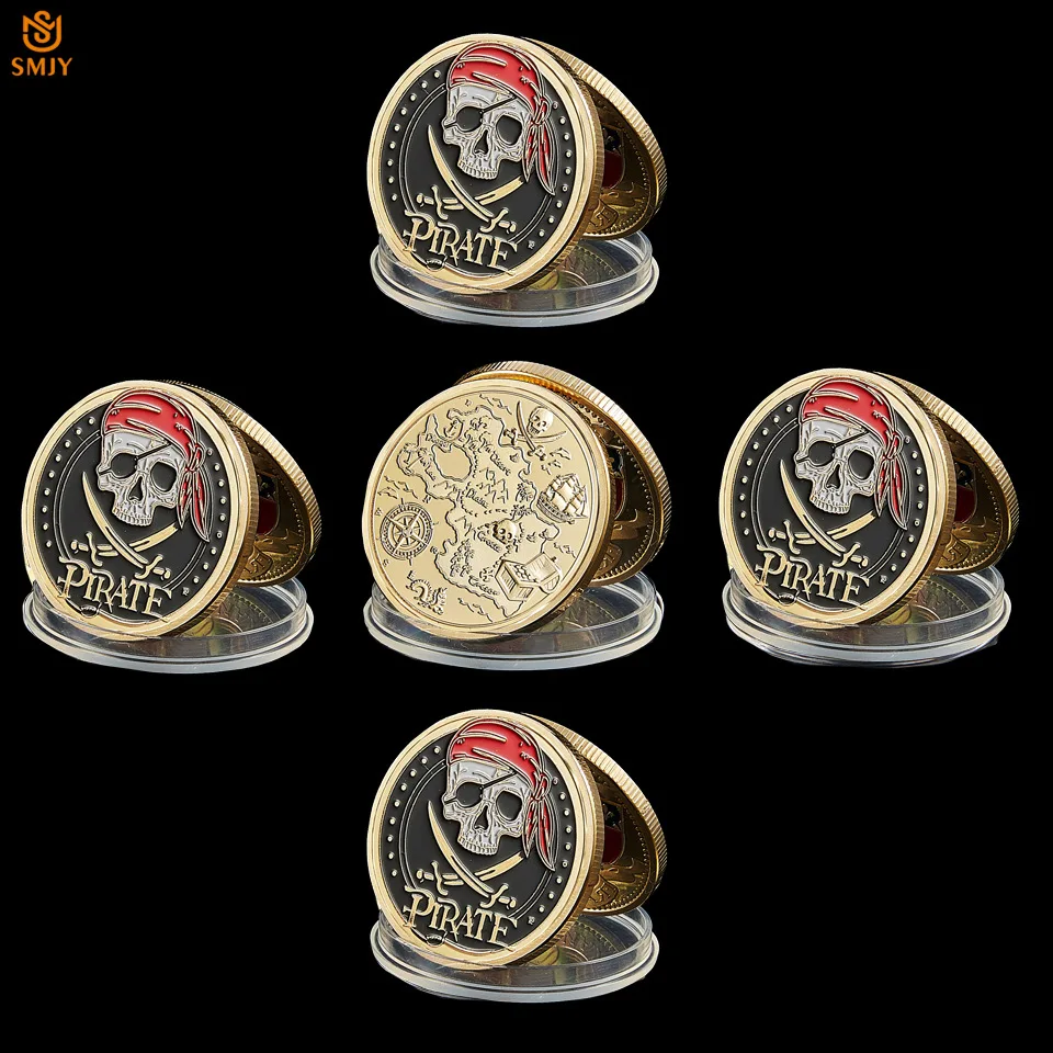 

5Pcs/Set Pirate Skull Gold Aztec Coin Pirate Captain Jack Sparrow Treasure Bay Map Nautical Souvenir Medal Coins And Gifts