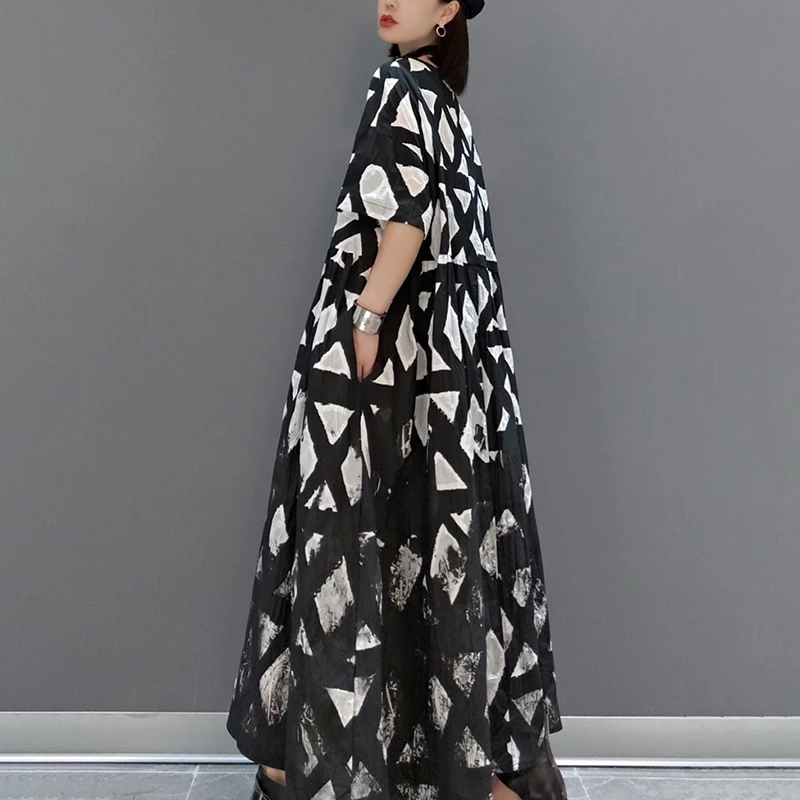 

SHENGPALAE Elegant Printed Derss Women's Summer 2021 New Round Beck Large Size Short Sleeve Side Pocket Mid-calf Dresses Female