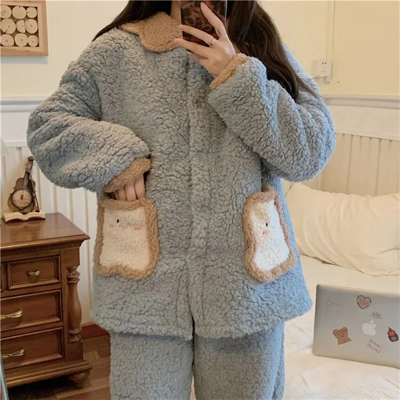 QWEEK Pajamas for Women Winter Flannel Pijamas Kawaii Bread Pocket Home Clothes Teen Girls Loungewear Sleepwear Pyjamas Roomware