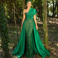 green mermaid with train evening formal dresses 2022 luxury beading elegant women prom gown arbic vestidos robe de soiree