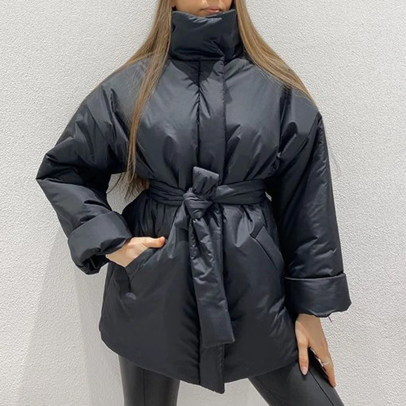 Jeyzy Stand Collar Parkas Women Fashion Tie Belt Loose Coats Women Elegant Spring Casual Long Cotton Jackets Female Ladies