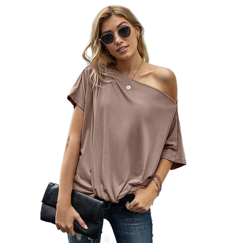 

Short sleeve T-shirt women's summer new solid color slant shoulder hem kink top