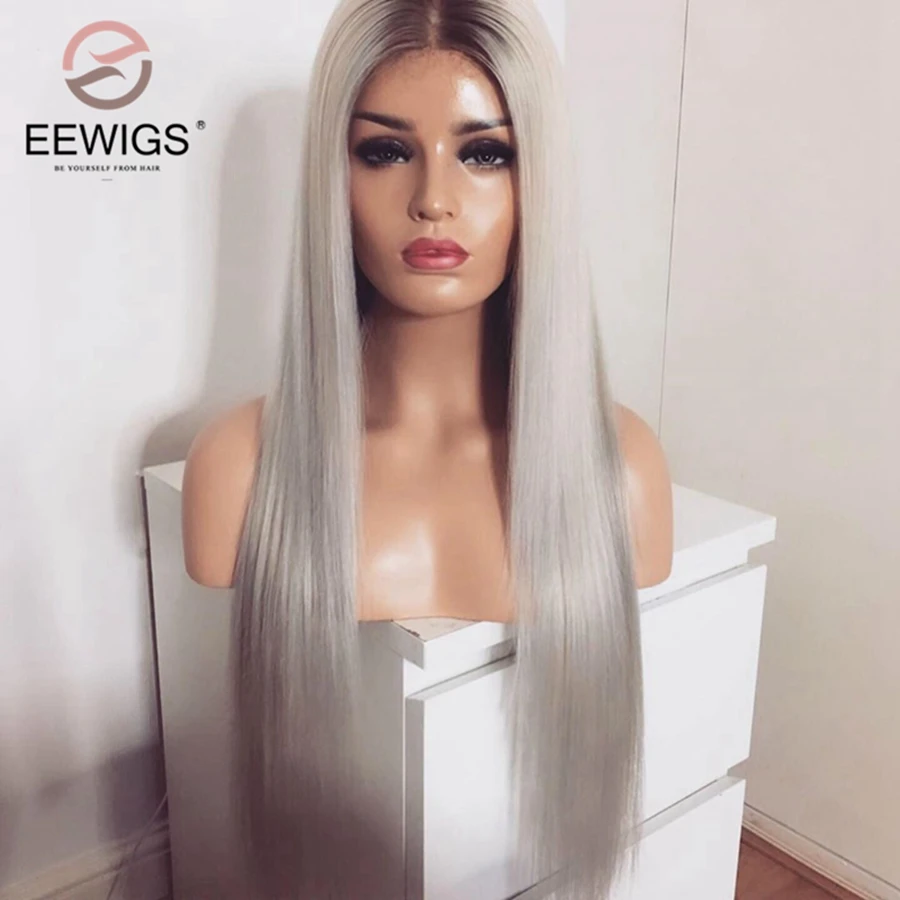 EEWIGS высокая температура желтый блонд синтетический парик Серый прямой кружевной передний парик с волосами младенца бесклеевой Омбре парики для женщин