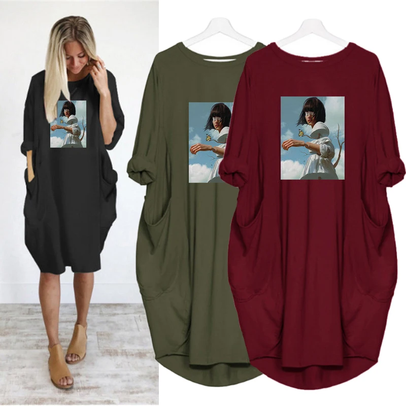 

Women Dress Elegant Girl Print Autumn Long Sleeve Pocket Casual Vestidos Streetwear Harajuku Dress