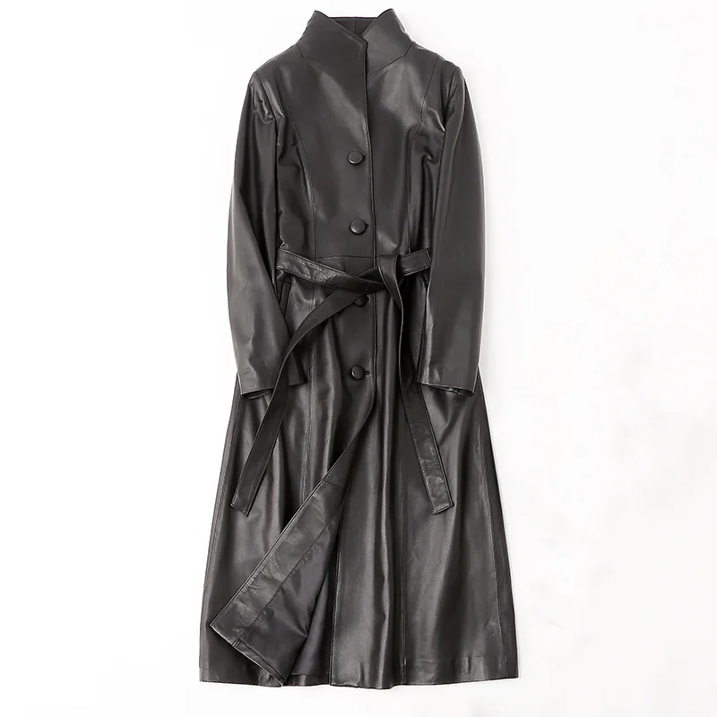 

Женская длинная офисная куртка, элегантное облегающее пальто из натуральной овечьей кожи с поясом, модель 8XL