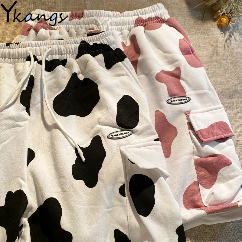 

Joggers Women Cow Print Pockets Shorts Vintage Mujer Drawstring Casual Sport Shorts Fitness Harajuku Streetwear Casual Shorts