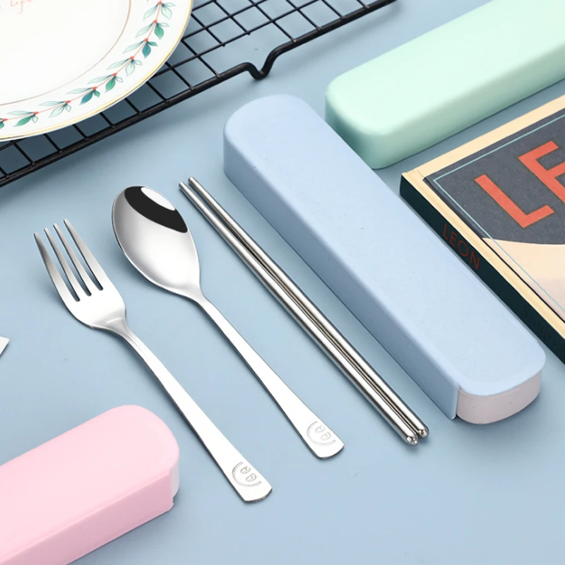 

3PCS/Set Portable Stainless Steel Chopsticks Fork Spoon Travel Dinnerware Set Tableware Cutlery Set With Box For outdoor