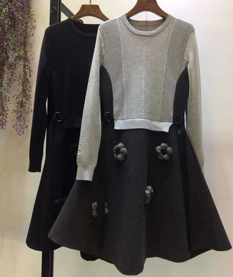 

Top Quality New 2020 Autumn Winter Knitted Dress Women Wool Patchwork Appliques Flower Deco Long Sleeve Casual Sweater Dress XL
