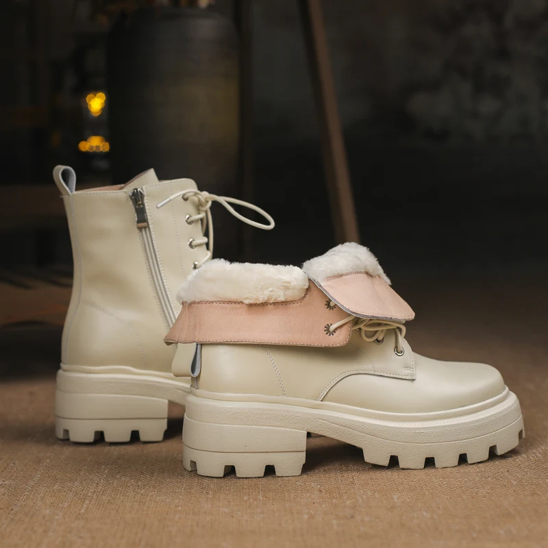 

Winter Genuine Leather Snow Boots for winter Cold Women Boots 2021 Lamb Wool ZIP Ankle Boots for Women Square Toe Platform Shoes