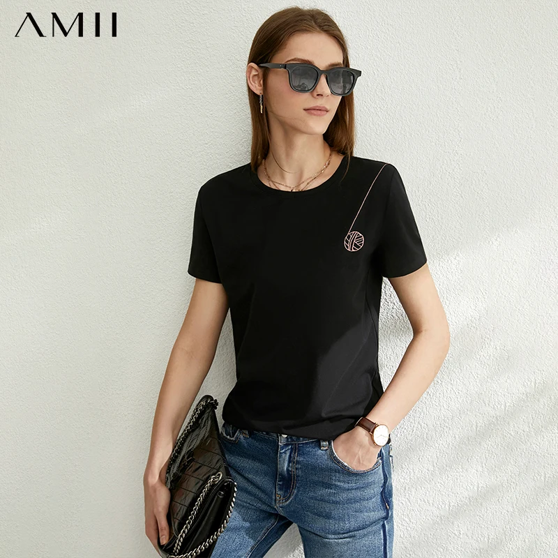 AMII минимализм весна-лето повседневная женская футболка с вышивкой хлопковая