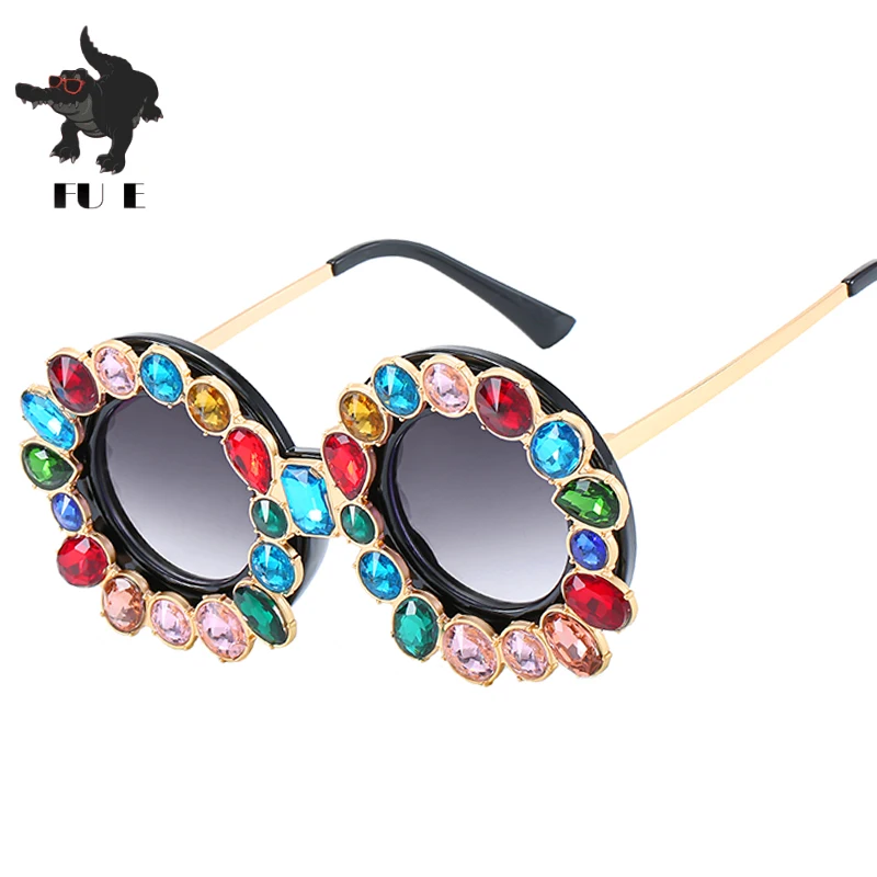 FU E Gorgeous Women Sunglasses Crystal Diamond Handmade Round Eyewear UV400 Mirror Lens Flower Design Summer Sun Glasses