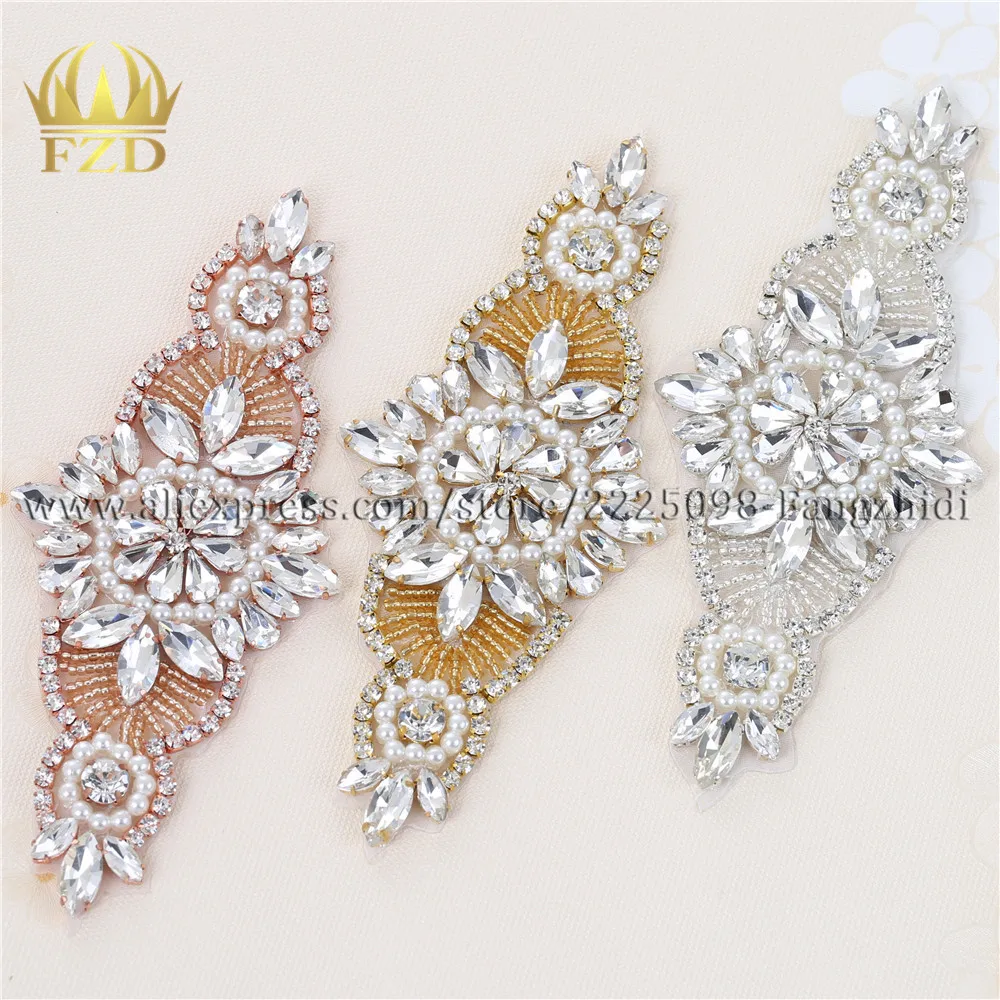 

10 Pieces Rhinestones Pearl Sewing on Wedding Belt Appliques Crystal Trimming Hot Fix Strass Patches Clothes Beaded Iron on