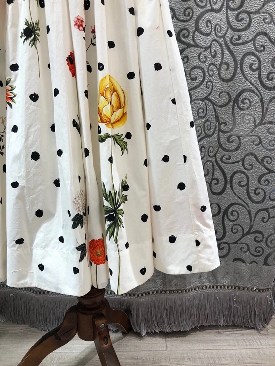

Quality Cotton Top Dress 2021 Summer Clothes Women O-Neck Vintage Print Short Sleeve Large Swing Casual White Dark Blue Dress