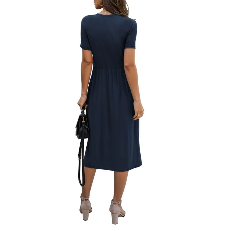 

Summer Dress For Women Solid Button Casual O-neck Short Sleeve High Waist Knitted Dress Fashion Slim Dress