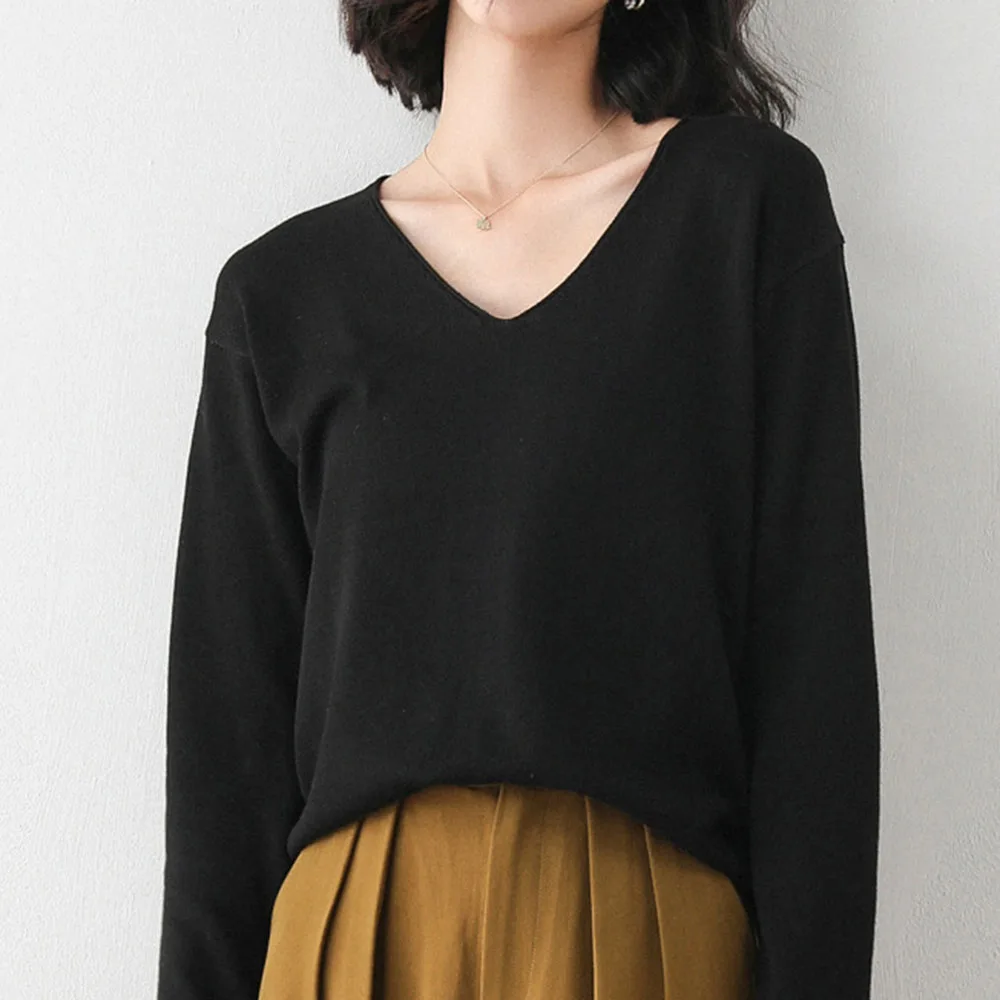 

2021 Women's Fall New Pullover Fashion Simple Casual Style Small Fresh V-neck Long Sleeve Loose Straight Solid Color Top