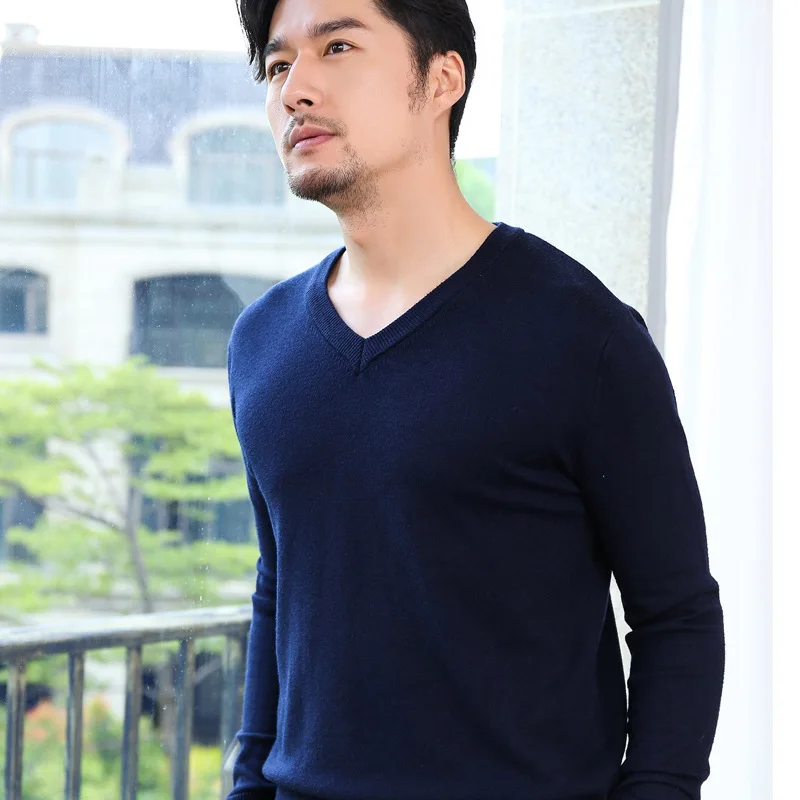 Пуловер мужской однотонный с V образным вырезом большого размера|Джемперы| |