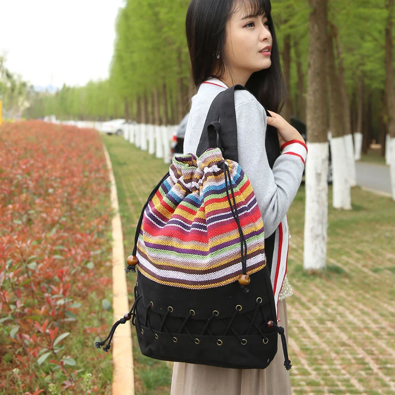

Original ethnic canvas sack pack lady cotton printed colorful backpack teenage straw string follow out strip bag