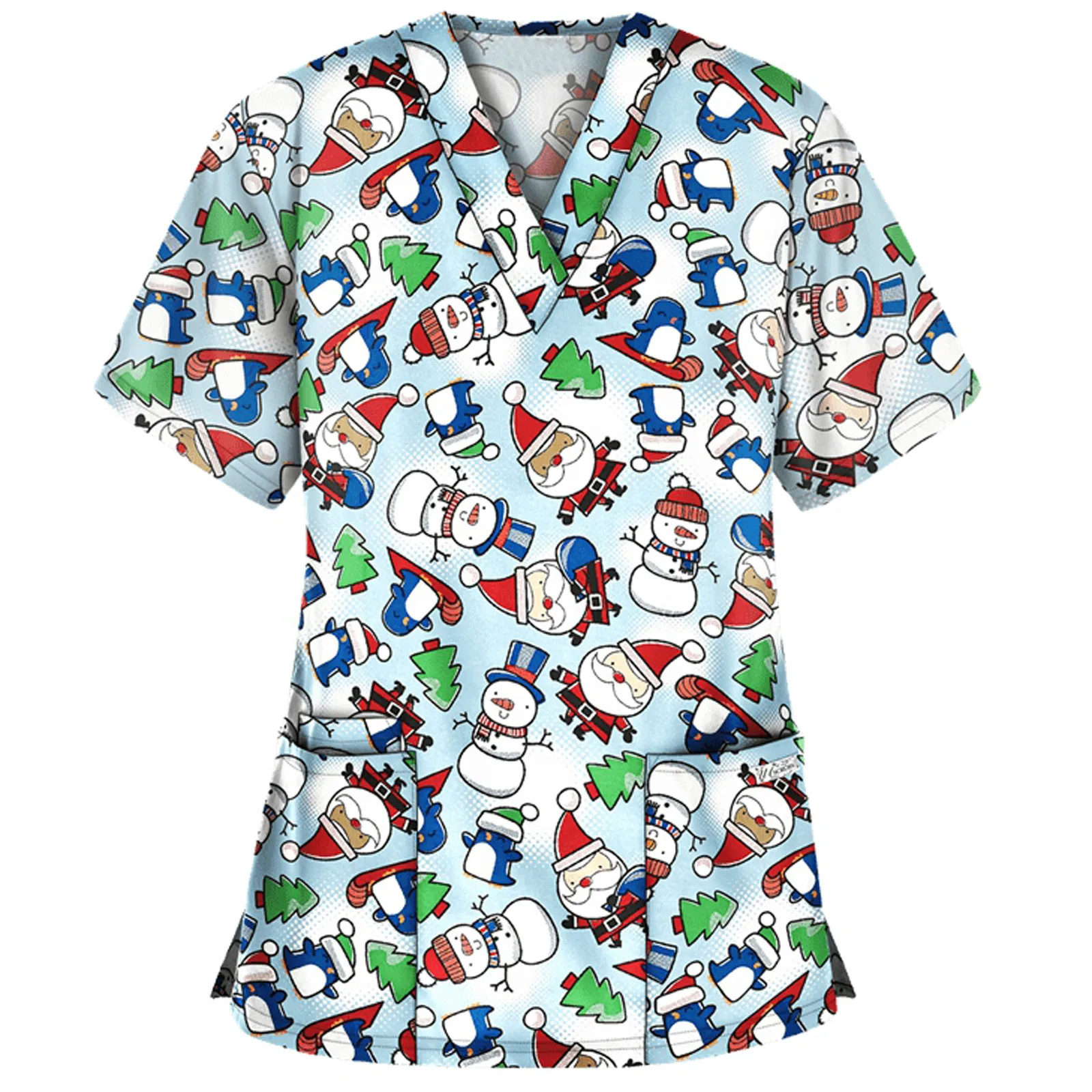 V-Neck Christmas Print Scrubs Tops Women Short Sleeve Uniforms Health Service Work Top Pet Grooming Beauty Salon Nurse Shirt A50