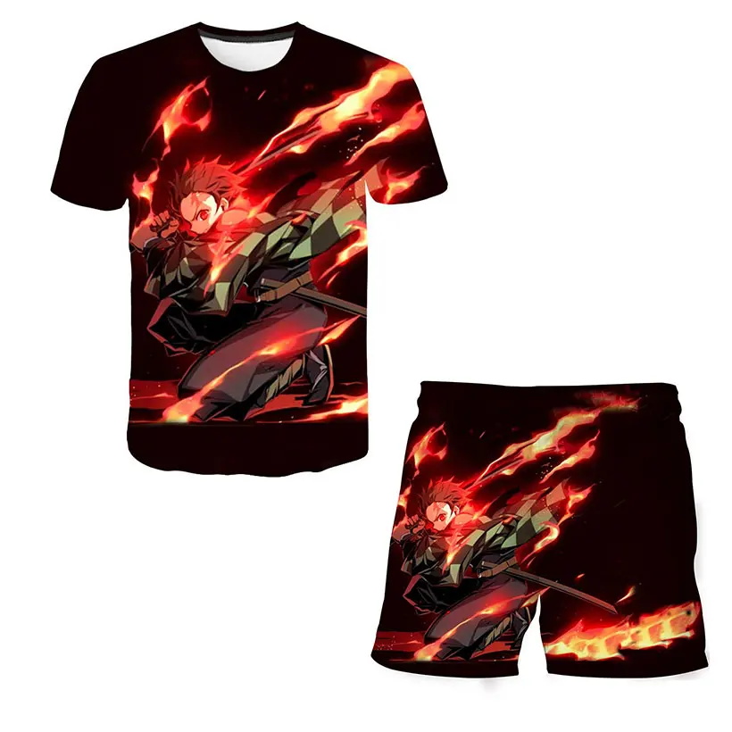 

Demon Slayer: Kimetsu No Yaiba Boys Clothes Suits Children Shorts Short Sleeve Boys Girls Tops Tees Short Sleeve 2 Pcs Polyester