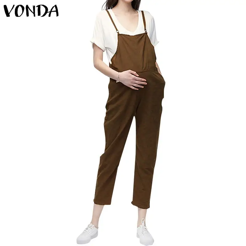 VONDA, Одежда для беременных,, Комбинезоны на лямках для беременных, женские комбинезоны, повседневные штаны для беременных, брюки без рукавов, Комбинезоны - Цвет: Brown