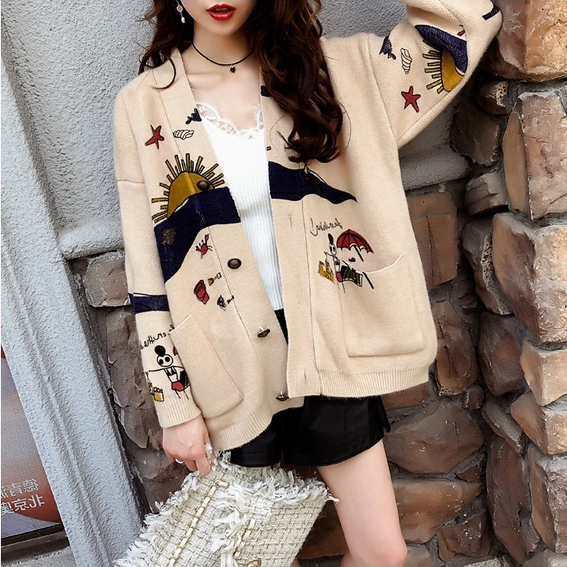 

2022 Spring And Autumn New Fashion Printed Sweater Women's Knitwear Korean Cardigan All-match Loose Western-style Top