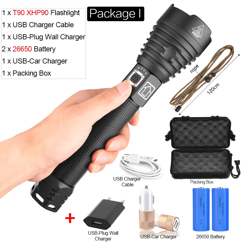 Package I XHP90 светодиодный фонарик X-Lamp заряжаемый через интерфейс USB фонарь XHP70.2 тактический фонарь Zoom светодиодный фонарик, водонепроницаемый фонарик с 18650 - Испускаемый цвет: Package I