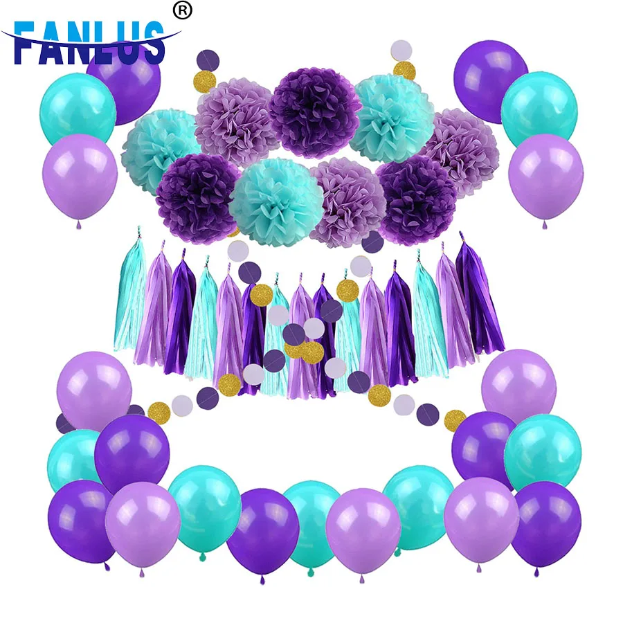 55pcs/Set Purple Latex Balloons Decoration Mermaid Party Baby Shower Boy Girl Paper Artificial Flower Pompoms Decor Birthday