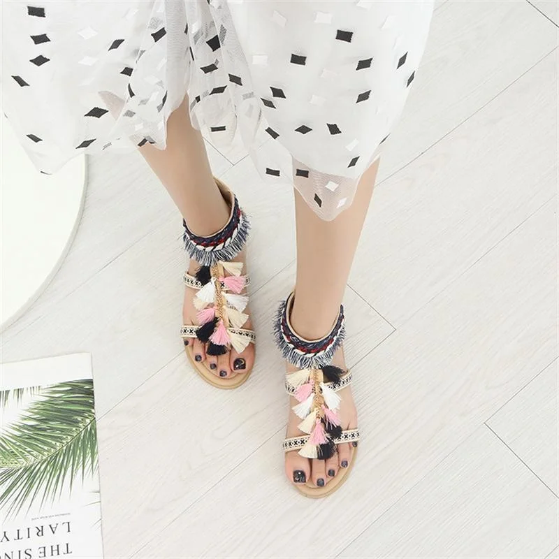 

Богемные сандалии-гладиаторы с бахромой, женская летняя пляжная обувь на плоской подошве, женские сандалии на молнии с закрытой пяткой и вы...