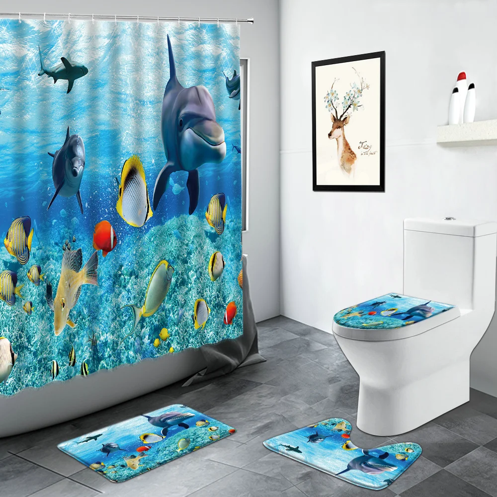 

Seabed World Dolphin Shower Curtains Tropical Fish Coral Ocean Scenery Bathroom Bath Mat Non-slip Carpet Toilet Mats Decor Sets