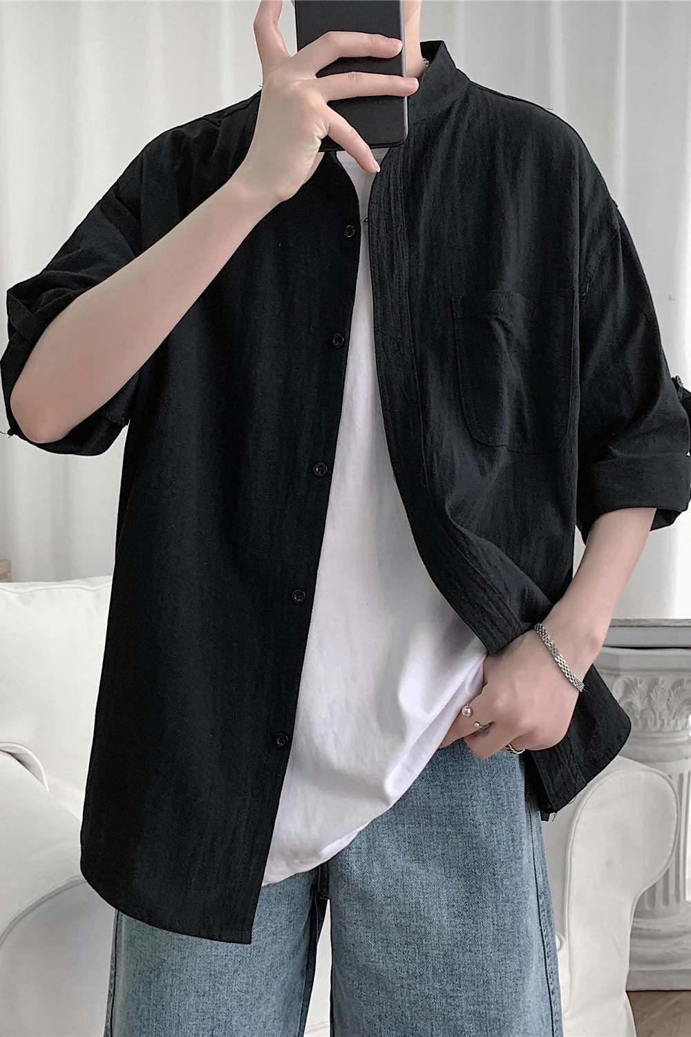 

Men's Casual Shirt Summer Thin Cotton 7-point Sleeve Shirt Chinese Stand-up Collar Five Tide Men's Short-sleeved Shirt