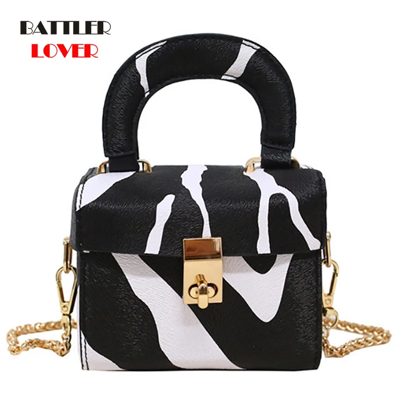 

Box Tote Bag for Women 2021 Fashion High Quality Leather Zebra Leopard Designer Handbag Female Chain Shoulder Messenger Purses