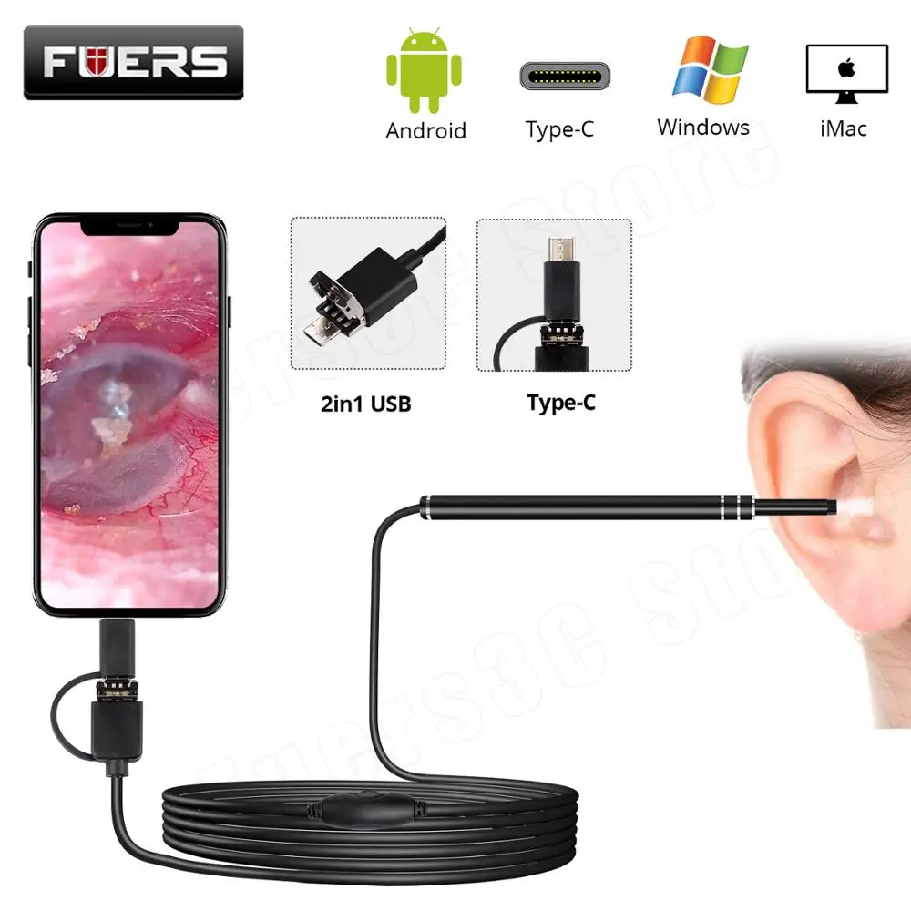 FUERS In Ear Cleaning Endoscope USB визуальная Ушная ложка 5 мм мини камера Android PC pick Otoscope бороскоп
