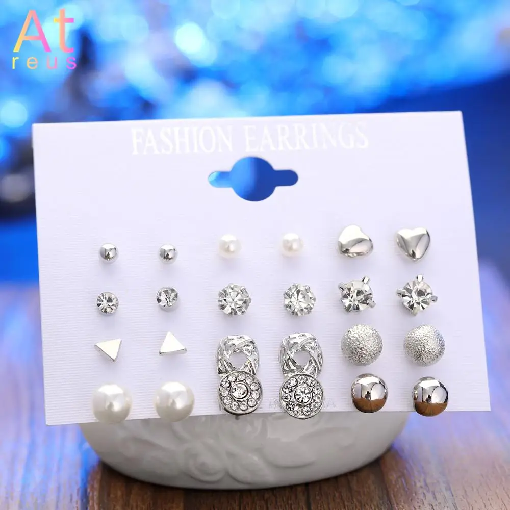 Серьги-гвоздики Женские квадратные с кристаллами и цветком 12 пар/уп. Комплект