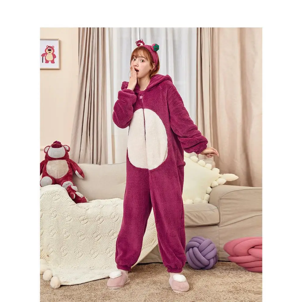 Women Onesies Pajamas Strawberry Bear Kigurumi Thick Coral Velvet Loungewear Women's Home Wear One-piece Jumpsuit for Winter