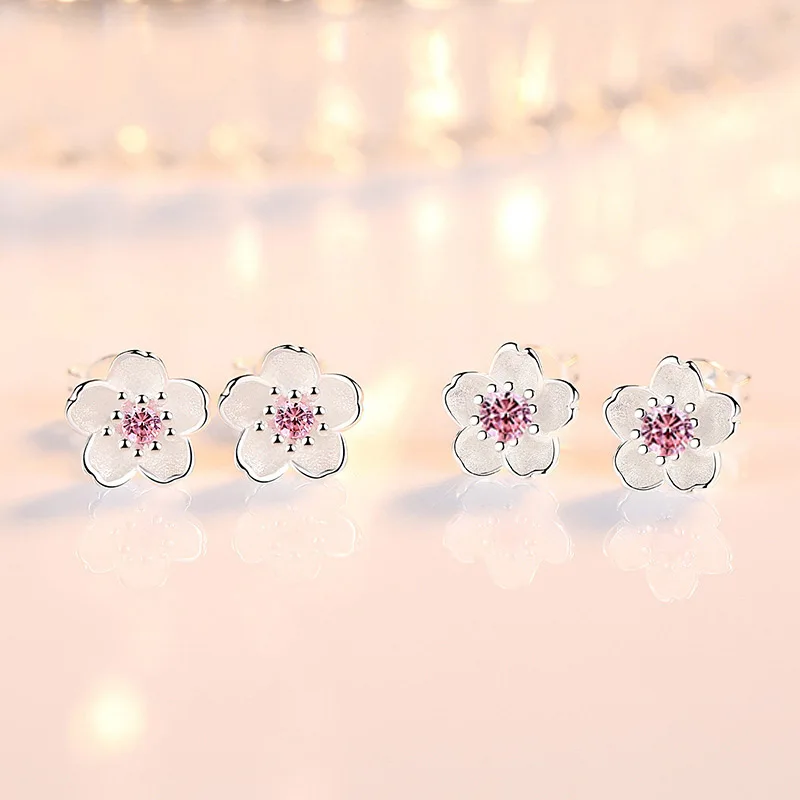 

Cherry Flower Blossoms Flower Crystal Stud Earrings For Women Silver Color Daisy Ear Studs Jewelry Christmas Day Birthday Gift