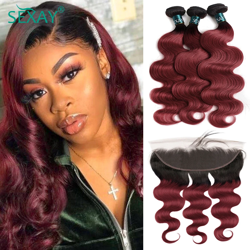 Sexay Burgundy Bundles With Frontal Brazilian Body Wave Human Hair Weave 13x4 Lace Frontals And Bundles Body Wave Ombre Hair